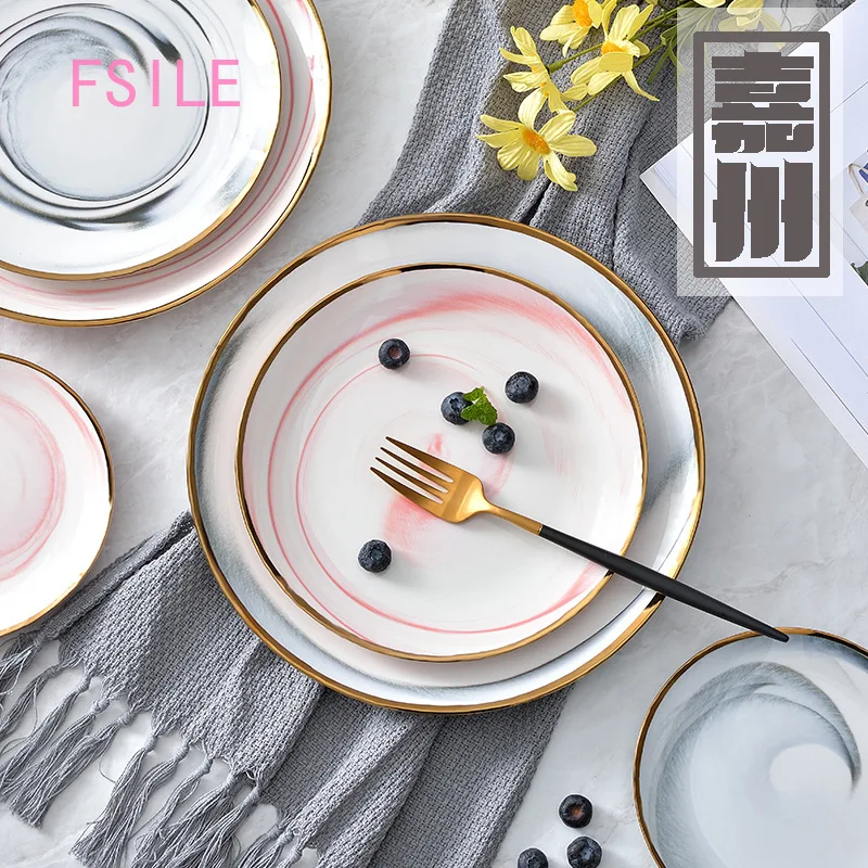 

FSILE Ceramic Tableware Household Plates, Dishes, Ceramics, Western Plates, Marble Pattern, Phnom Penh, Steaks, Fruit Plates