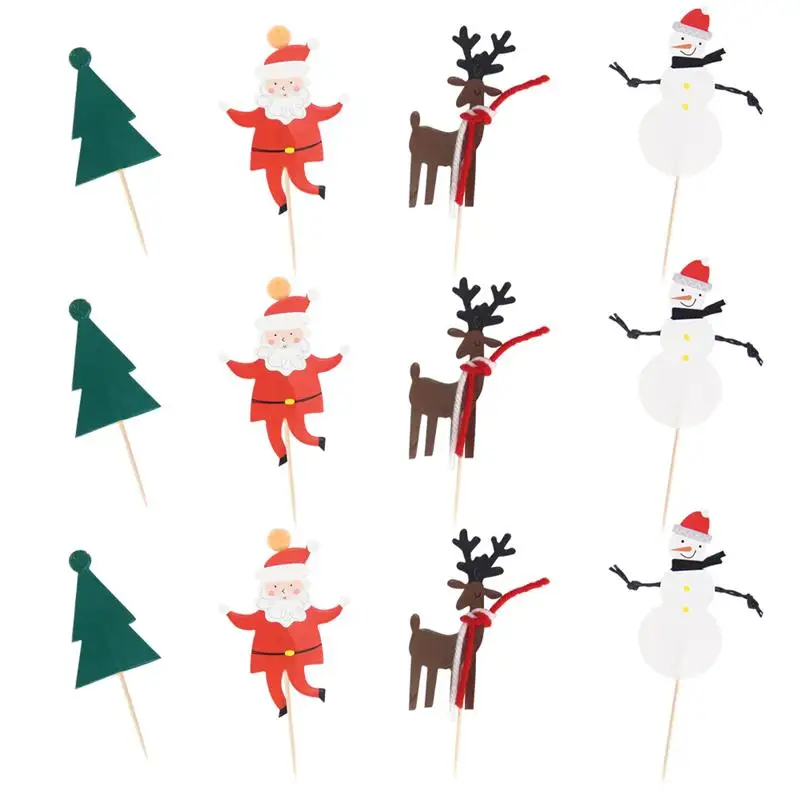 

12Pcs Christmas Cake Toppers Cupake Picks Snowman Elk Xmas Tree Shape Decorative Toppers Christmas Party Cake Decorations