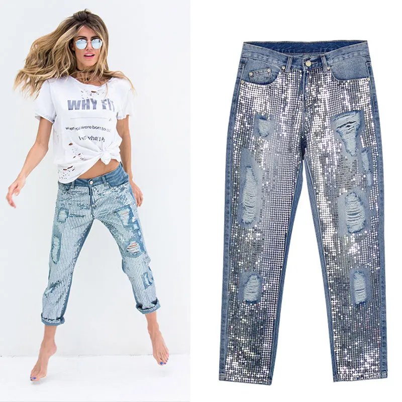 Крутые женские джинсы, брюки, миди-Талия, рваные джинсы для женщин, рыбья чешуя, с блестками, с дырками, прямые брюки, джинсы-карандаш, винтажные брюки