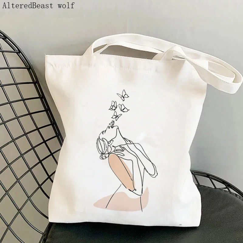 Women Shopper bag Woman Face Line Drawing line Bag Harajuku Shopping Canvas Shopper Bag girl handbag Tote Shoulder Lady Bag