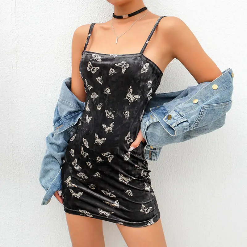 Sexy Butterfly Print Slip Dress Women 