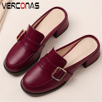 

VERCONAS Woman Pumps Women Sandals Summer Genuine Leather Mules Metal Decoration Shallow Round Toe Square Heels Shoes Woman