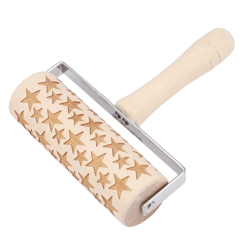Christmas Embossed Wooden Rolling Pins with 3D Engraved Christmas Pattern Embossing Rolling Pin for Embossed Cookies Waffles Pas