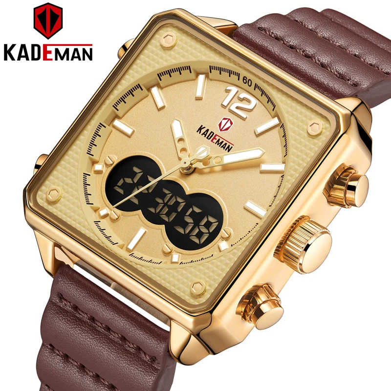 Роскошные квадратные часы Мужские Оригинальные спортивные часы Топ бренд KADEMAN двойной дисплей 3ATM Tech наручные часы новые кожаные повседневные мужские часы - Цвет: G-G-BN