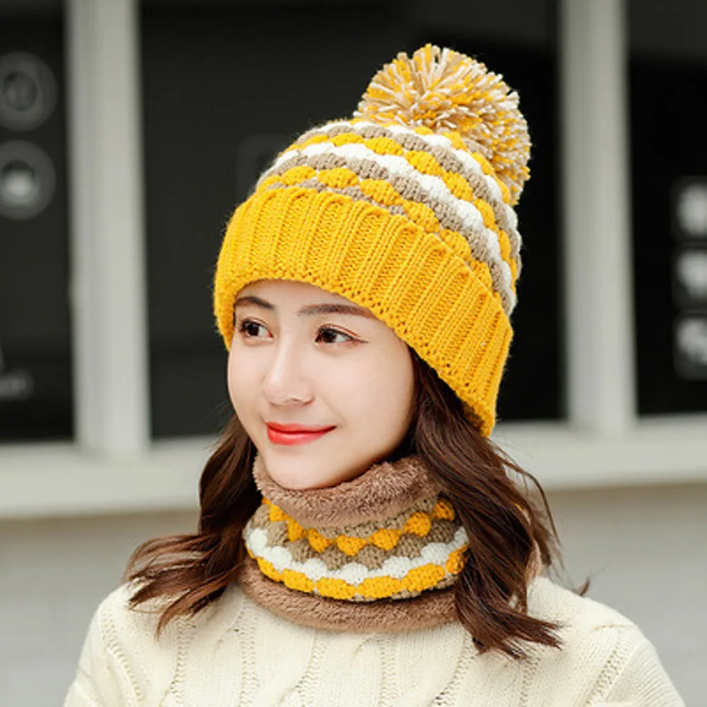 G Модная шапка с помпоном для женщин Skullies Beanies зимняя вязаная шапка с шариковым воротником комплект толстой теплой однотонной теплой зимне наушники шапка для девочек - Цвет: G