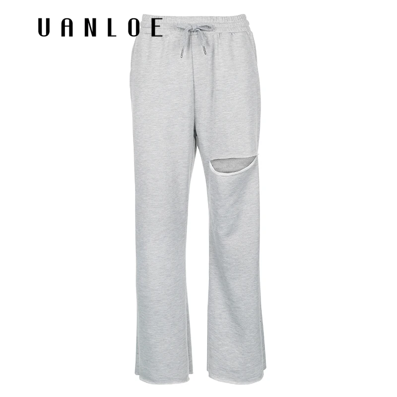 

Drawstring Elastic Waist Hole Straight Pants Women Streetwear Gray Spring Autumn Sweatpants Women 2020 Trousers