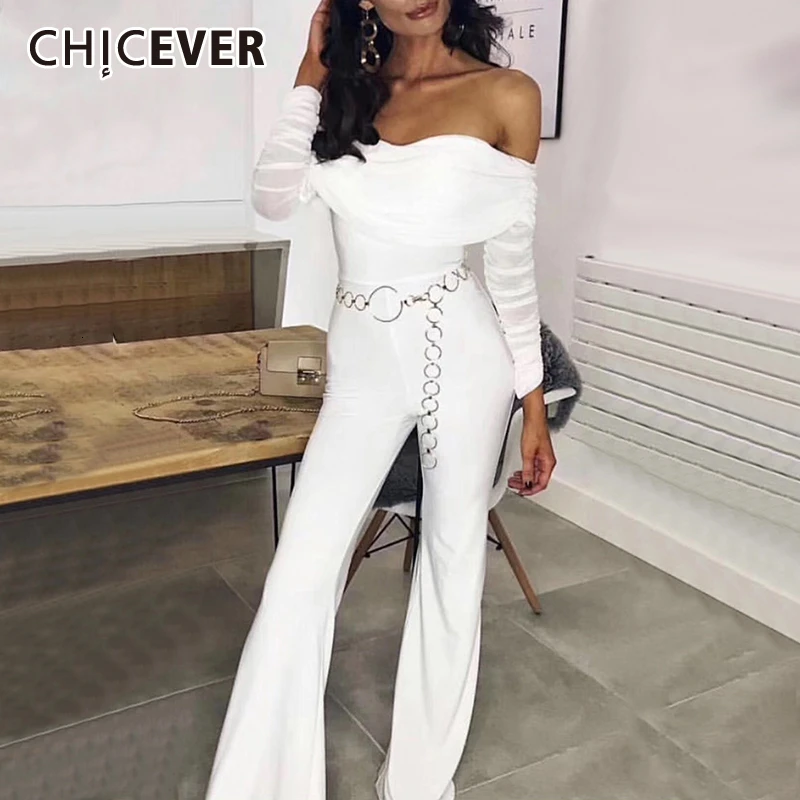 CHICEVER Ruched Mesh Женские Комбинезоны с открытыми плечами с длинным рукавом Туника с высокой талией сексуальный комбинезон с широкими штанинами Женская мода Новинка