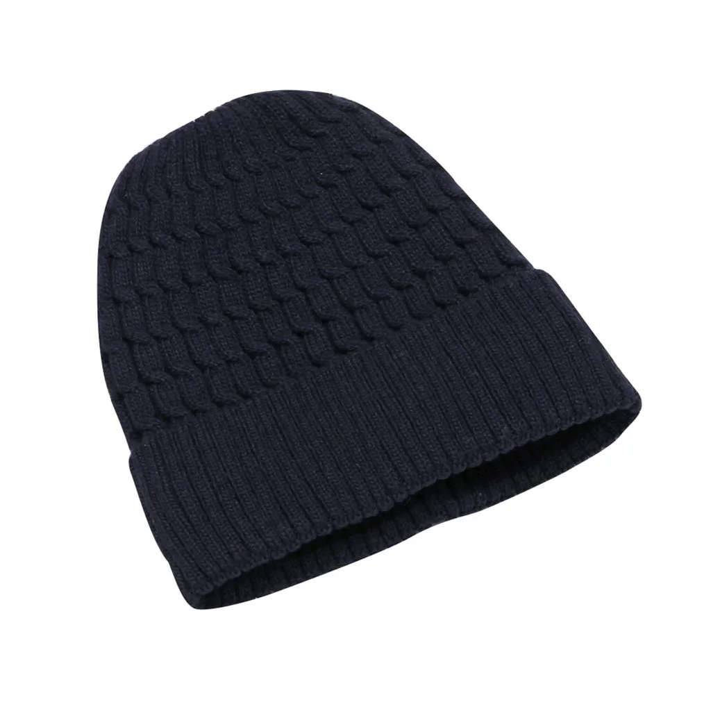 Women Autumn Winter Knitted Wool Hat Women Casual Beanie Cap Solid Color Thick Warm Winter Hats#3 - Цвет: Тёмно-синий