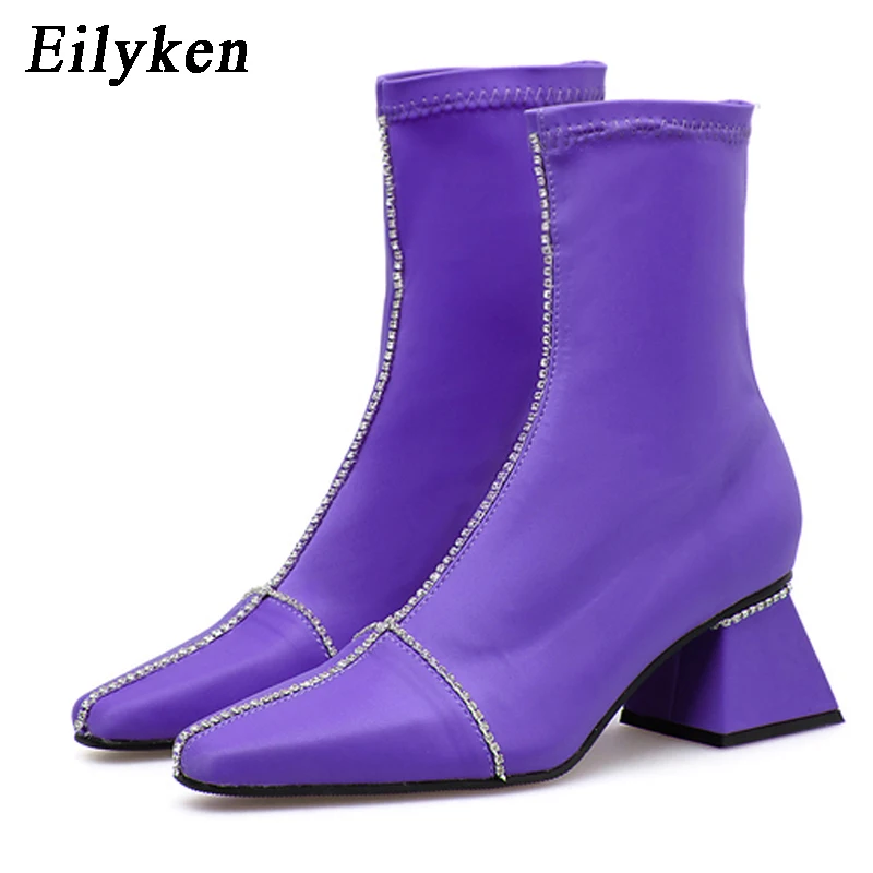 

Eilyken Fashion Stretch Fabric Women Sewing Ankle Boots Autumn Winter Black Purple Square Toe High heels Boots Pumps Ladies Shoe