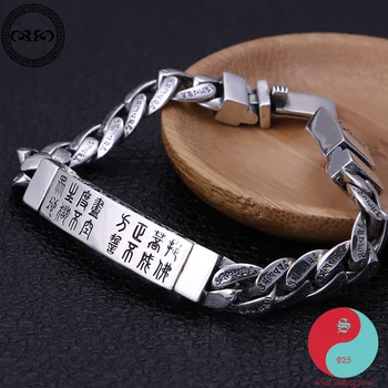 

Ethnic minimalist mens Real Pure 925 Sterling Silver retro chinese lucky cuban link swastika mantra bracelets Fine Jewelry