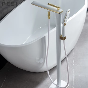 สีขาวและทองชั้นติดตั้งก๊อกน้ำอ่างอาบน้ำ Freestanding Tub Mixer Crane กับ Handshower ชั้นติดตั้ง Claw Foot. 1