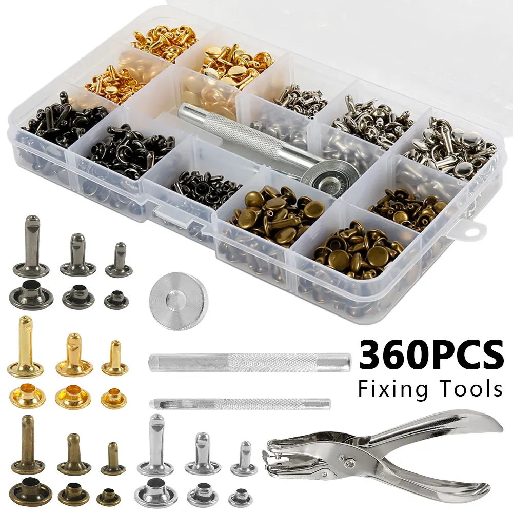 

360pcs Leather Double Cap Rivets Tubular Metal Studs Fixing Tool Kit Craft Leathercraft Garment Rivets Studs for Clothing