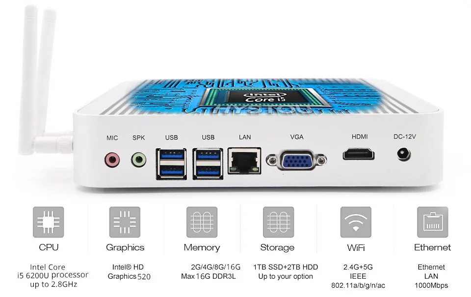 Intel core i3 6006u minipc nuc i7 windows10 wifi с bluetooth 2,7 ГГц intel HD Graphics 520 faless mini pc 4K VGA HDMI