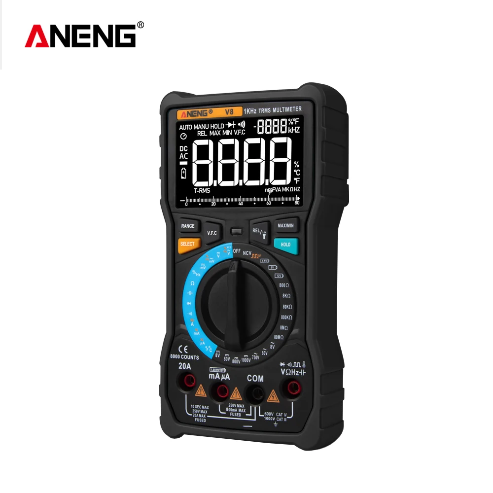 ANENG V8 True RMS цифровой мультиметр Профессиональный ЖК-дисплей мультитестер 8000 Кол-во Вольтметр переменного/постоянного тока Амперметр транзисторный конденсатор тестер - Цвет: Черный