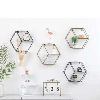 

Wall Shelf Simple Wrought Iron Hexagonal Living Room Bedroom Wall Decoration Storage Finishing Rack 3 Colors