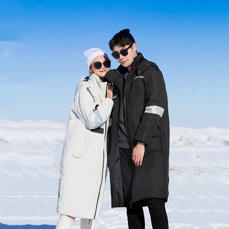 Men's and women's down jackets long white duck down hooded down jackets couple extra warm working snow resort winter traveling