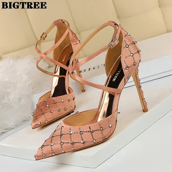 

BIGTREE Hollow Heels Fine High-Heeled Satin Shallow Mouth Tip Rhinestone Hollow Belt Sandals