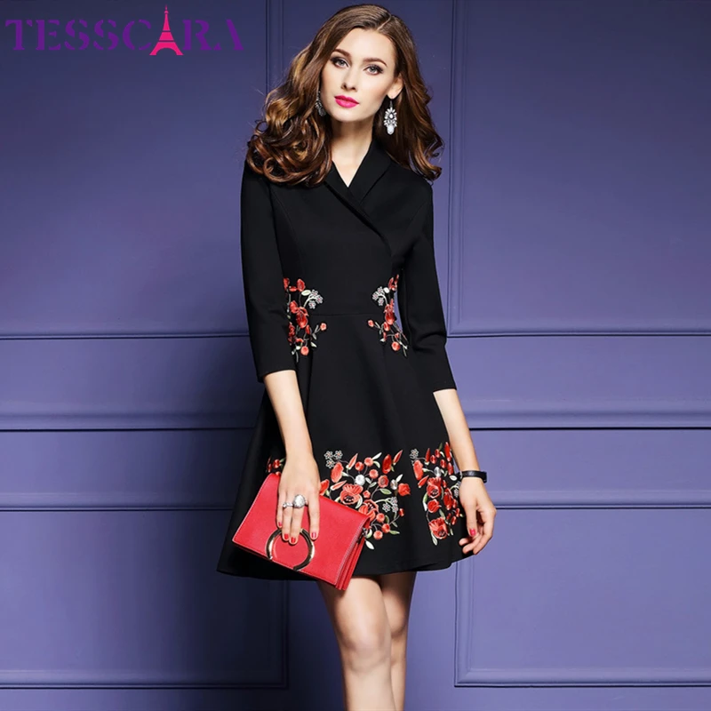 

TESSCARA Women Autumn & Winter Elegant Embroider Office Dress Female Designer A-Line Retro Robe Vintage Black Work Wear Vestidos