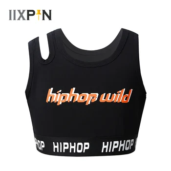 

Kids Girls Jazz Dance Tops Asymmetrical Shoulder Straps Letters Printed Slim Fit Tank Tops for Hip Hop Dance Stage Performance