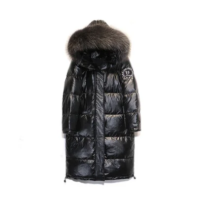 Black Gray Fur Пуховик женщина зима ГОРЯЧЕЕ Яркое лицо сбольшим меховым воротником капюшоном Теплый свободный длинный белый пуховик - Цвет: Black Gray Fur