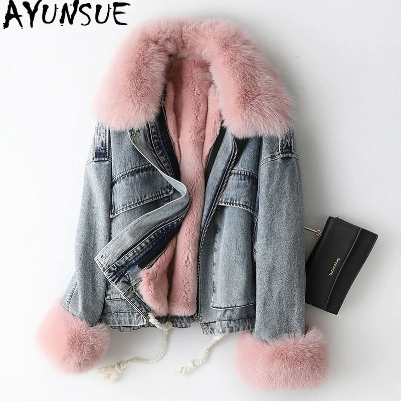 AYUNSUE Parka Real Fur Coat Female Rabbit Fur Liner Denim Jacket Winter Coat Women Fox Fur Collar Warm Korean Jackets MY