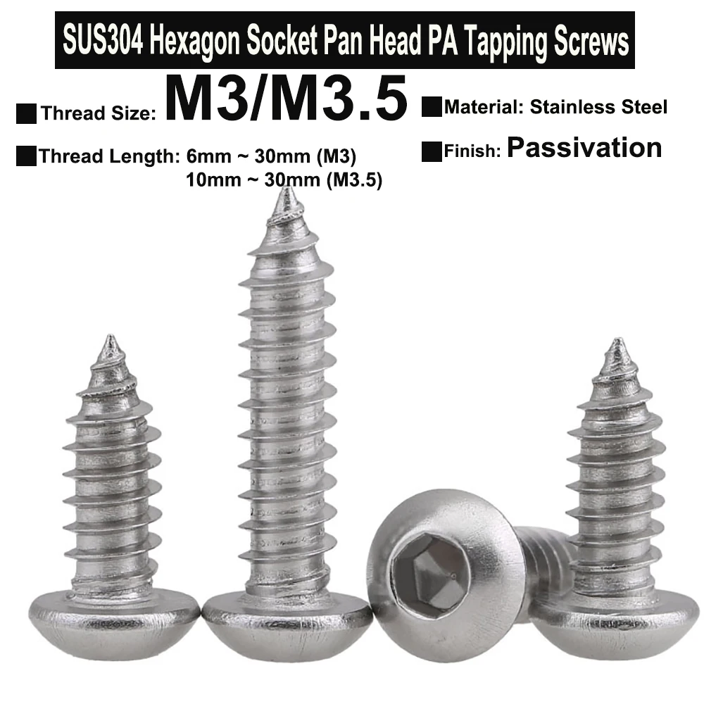 

30/20Pcs M3 M3.5 SUS304 Stainless Steel Hexagon Socket Pan Head PA Tapping Screws Wood Screws Furniture Self-tapping Screw