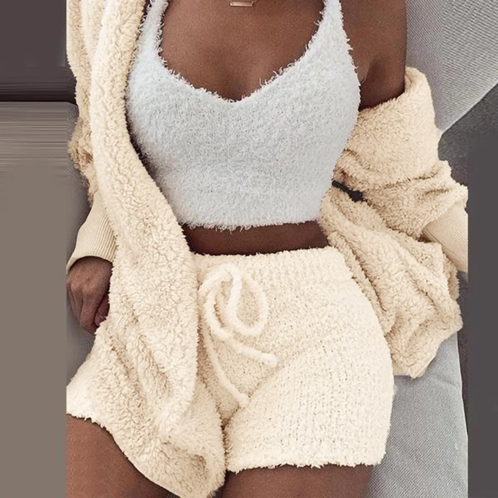 Three Piece Sexy Fluffy Outfits Plush Velvet Hooded Cardigan Coat+shorts+crop Top Women Tracksuit Sets Casual Sports Sweatshirt 2