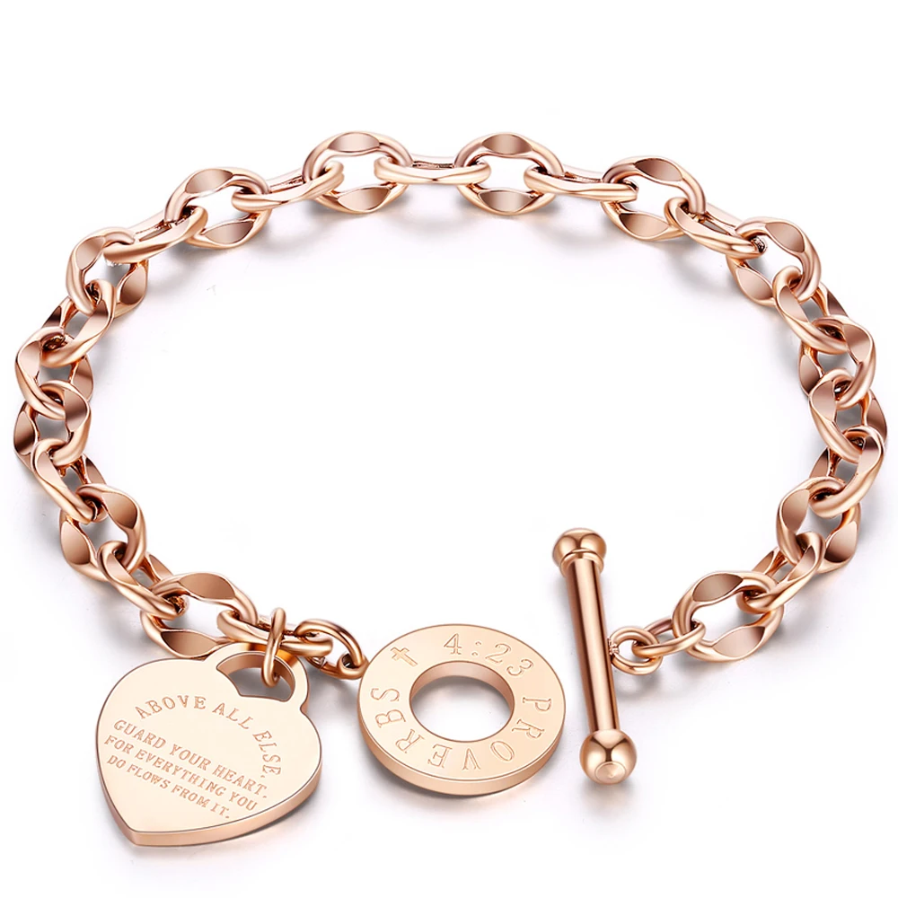 Stainless Steel Love Heart Bracelets For Women Party Gift Fashion Joyas de Chain Charm Bracelets Jewelry Wholesale Text Engraved 