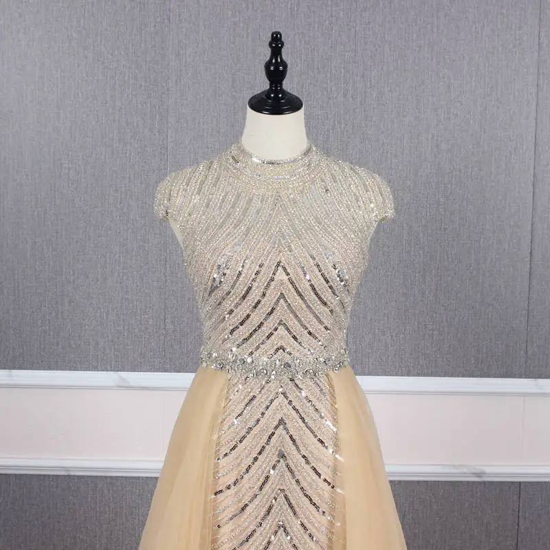Роскошные платья для выпускного вечера De Formatura Longo шампанского вышитый бисером с кристаллами трапециевидной юбки с высоким воротом и рукавами-крылышками