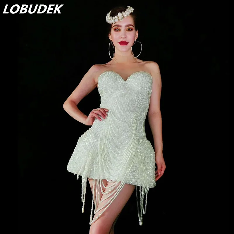 

Customized Sexy Sleeveless White Pearl Short Dress Bar Nightclub Lady Singer Dancer Beading Mini Dress Stage Wear Dance Costumes