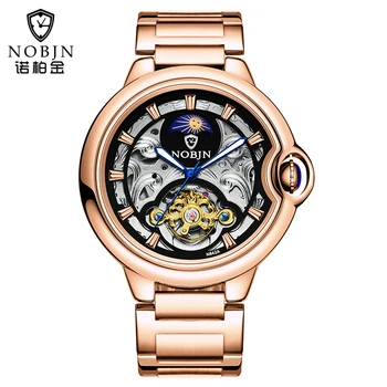 

NOBJN luxury men's automatic mechanical watch stainless steel skeleton men's watch tourbillon moon phase business male clock