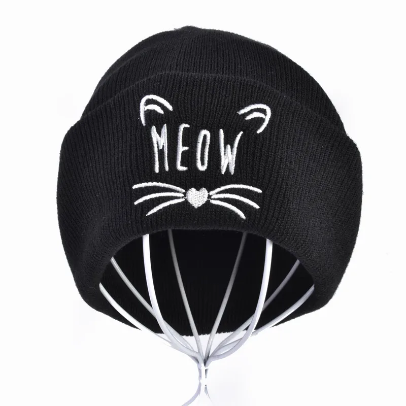

New lady cat embroidery cotton cap fashion MEOW MEOW lady cute 100% cotton Skullies hat Hip hop girl winter warm hat