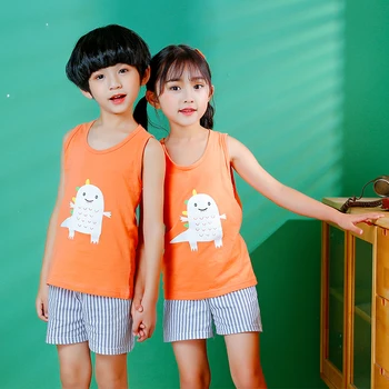 

Boys Tees Shorts Summer Vest Tees Sleeveless Cool Breathable Cotton Girls Clothing Sets Kids 90-140CM Cartoon Cute Dinosaur Tops