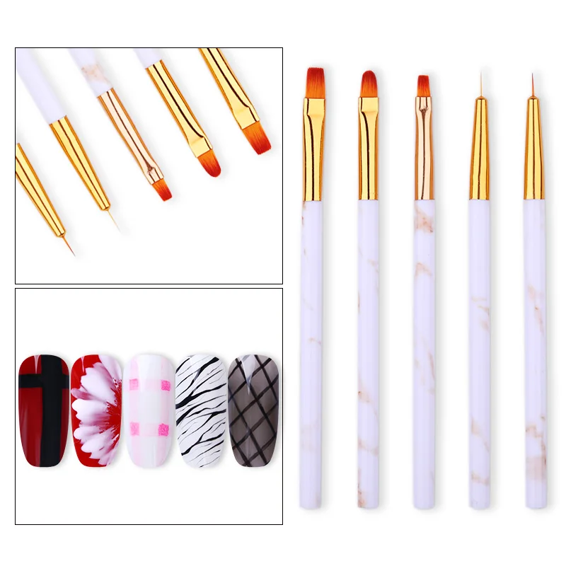 

5 Pieces Set UV Gel Liner Drawing Brush 3D Gel Design Painting Nail Liner Acrylic Pens 3Pcs Marble Handle Nail Art Pens 2 Colors
