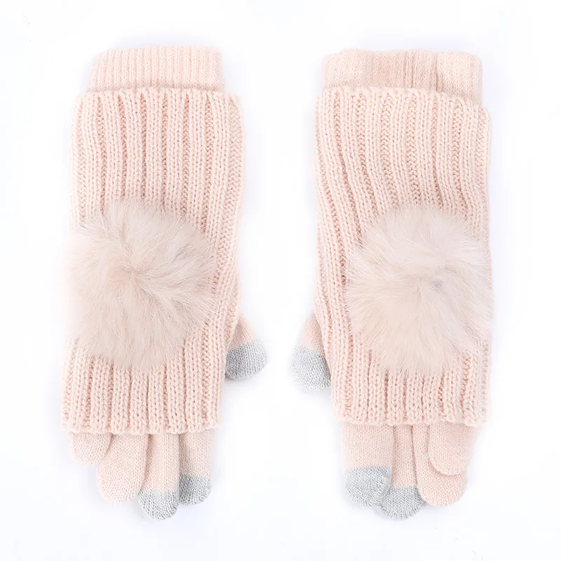 Pink Pom-pom женские зимние перчатки с сенсорным экраном, полный палец, половина пальца, двойного назначения, вязаные перчатки, двойные съемные длинные перчатки для женщин - Цвет: Pink