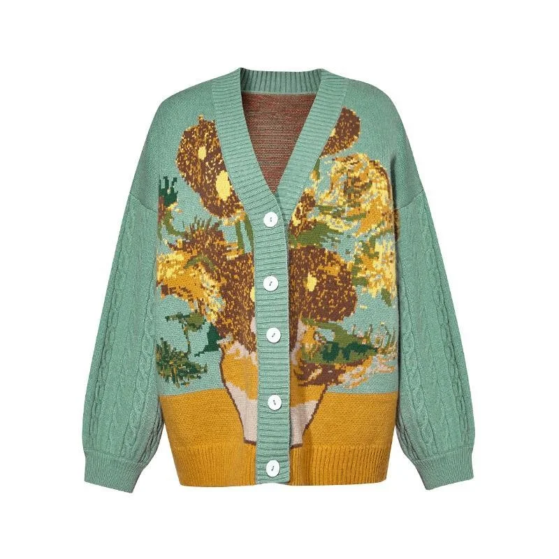 Van Gogh Sunflower Vintage Sleeve Cardigan Knit Sweater 2021 Women Elegant Luxury Embroidery Knitwear Sweaters Streetwear Tops 5