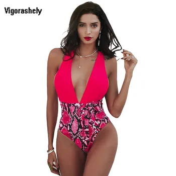 

2020 Sexy One Piece Swimsuit Red Snake Swimwear Women Vintage Bandage Swim Bathing Suit High Waist Monokini Swimsuit Beach Wear