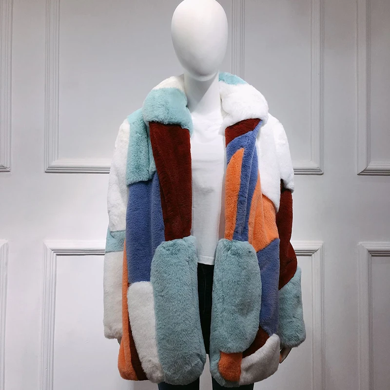 Luxury Large Patchwork Faux Fur Jacket Women Fashion Fake Rabbit Fur Thicking Warm winter coat women Streetwear