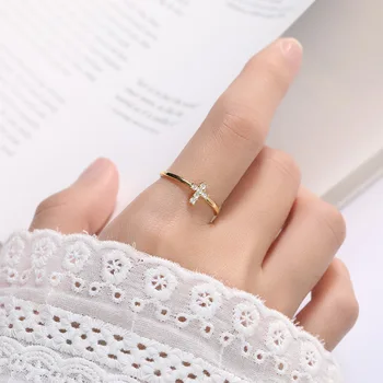 

Cute Female Crystal Cross Round Stone Ring 100% Real 925 Sterling Silver Engagement Ring Gold Open Wedding Rings For Women