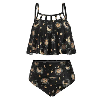 

bikinis 2019 mujer Women Sun Stars Moon Flounce Runched Tankini Swimsuit High Waisted Bikini Set women's swimming suit plavky