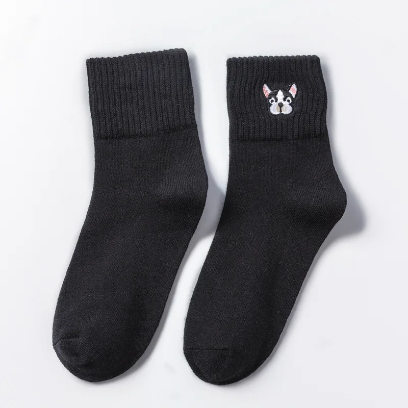 5 пар в стиле Харадзюку, Модные Носки с рисунком бульдога, женские хипстерские Носки с рисунком собаки, забавные хлопковые короткие женские носки - Цвет: 5 black