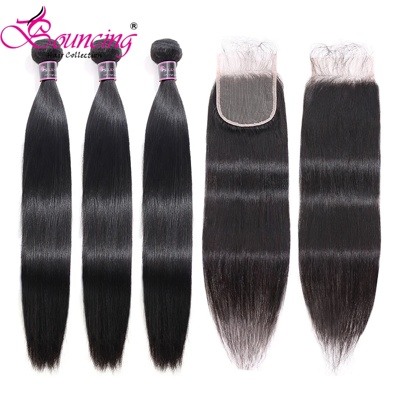 Подпрыгивающие человеческие волосы бразильские remy волосы для наращивания прямые 3 пучка с закрытием 8-30 дюймов