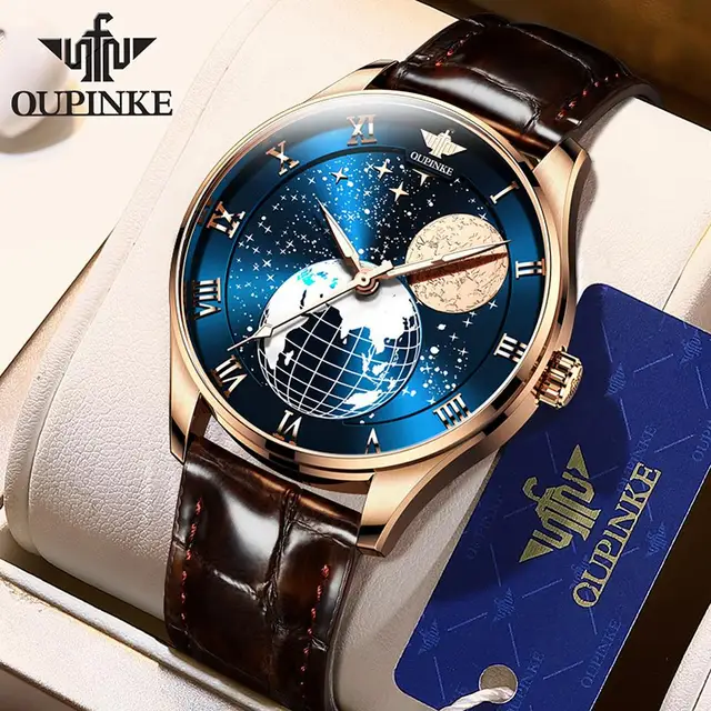 OUPINKE-reloj mecánico automático para hombre, pulsera de cuero de oro rosa, resistente al agua, de negocios, fase lunar, masculino, P3177