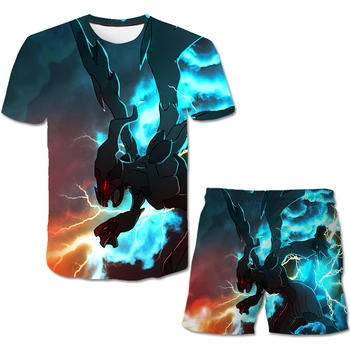 

3D Pokemon boys T-shirt Toddler Kawaii Pikachu Children's suit Harajuku Fashion cartoon camiseta moda 4-14T shorts Top Set 2pcs