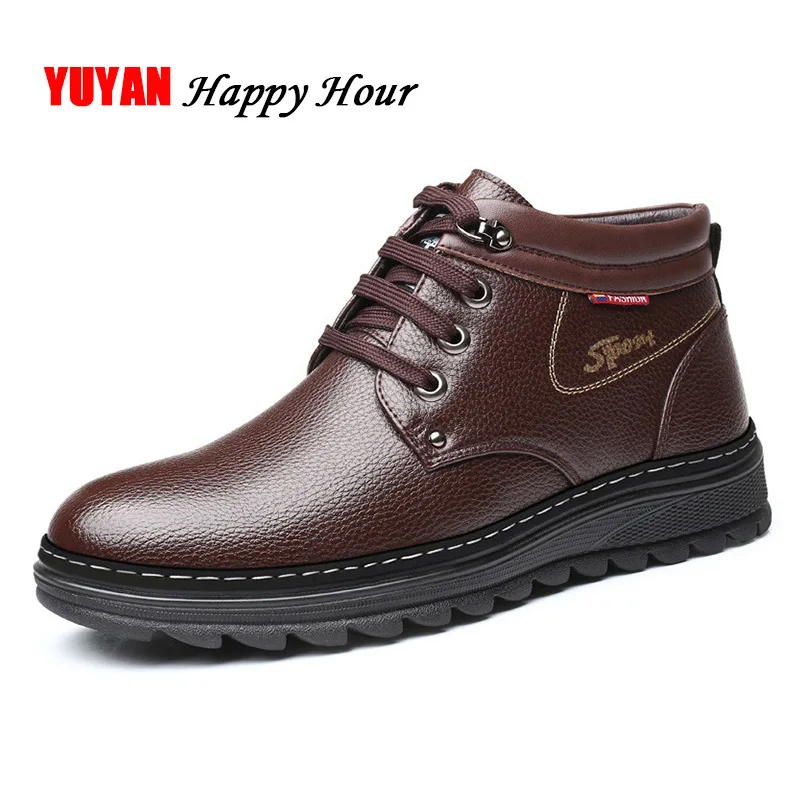 

2019 Winter Boots Men Warm Shoes Fur Booties Winter Shoes Genuine Leather Casual Shoes High top Fashion Men's Ankle Boots A459
