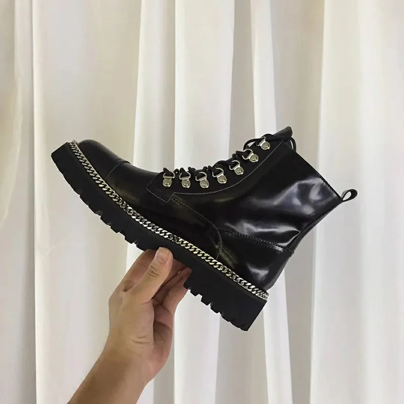 Patent Leather Boots Women Mortorcycle Boots Ladies Chain Lace-up Botas Mujer New Arrival Bota Feminina Brand Women Shoes