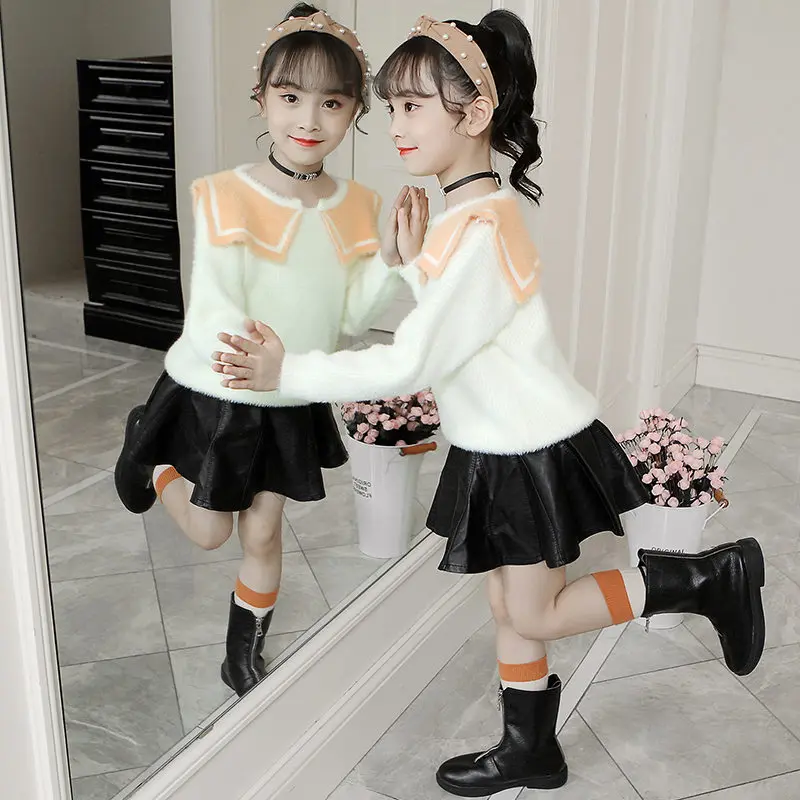 Autumn Winter Girls Cashmere Wool Sweater Female Children's Worsted Wool Sweater Kids Crew Neck Knit Top Orange Green Beige