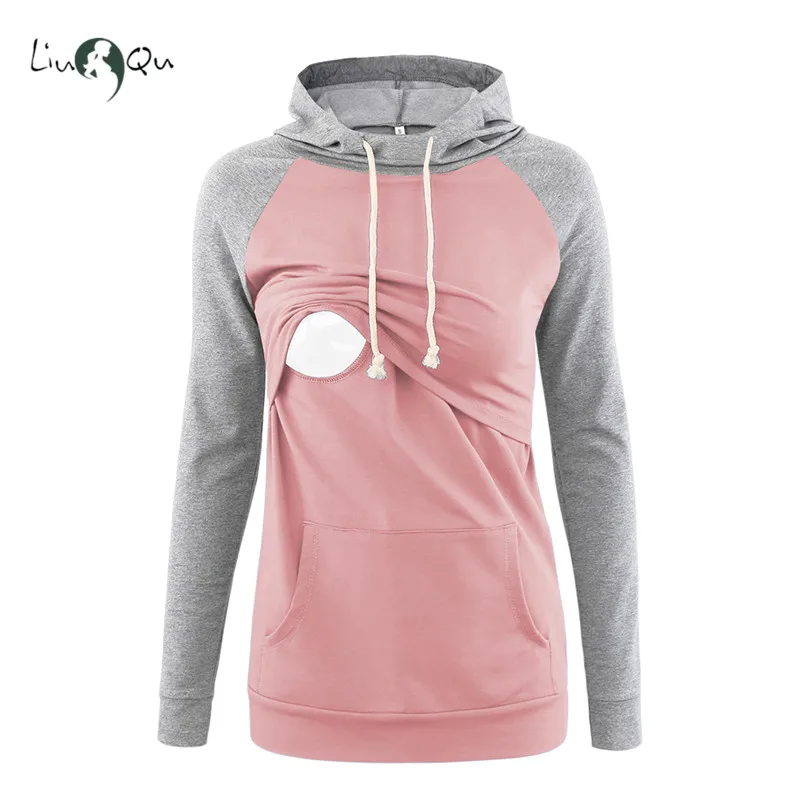

Maternity Hoodie Breastfeeding Clothes Pregnant Clothes Long Sleeve Patchwork Nusing Hoodies Kangaroo Pocket Casual Sweatshirt