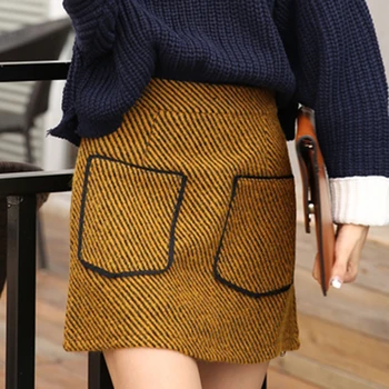 

Plaid Wool Pencil Skirts Women Harajuku Mini Skirt Korean Big Pockets Warp Skirts Streetwear Sexy Autumn Winter Short Skirt Slim