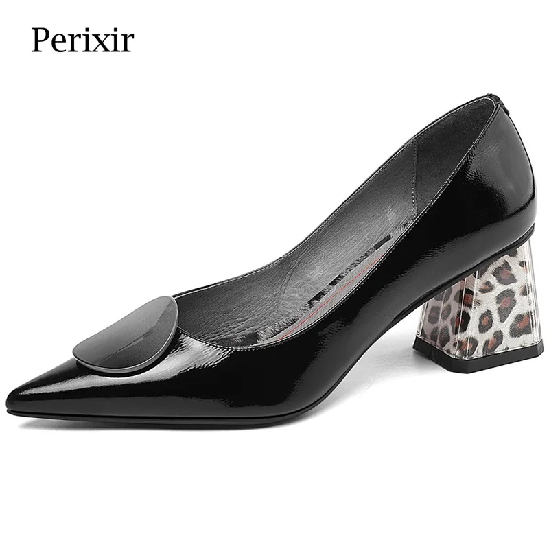 

Perixir Leopard Print heel genuine leather thick heel office ladies shoes high quality women high heel shoes women heels Summer